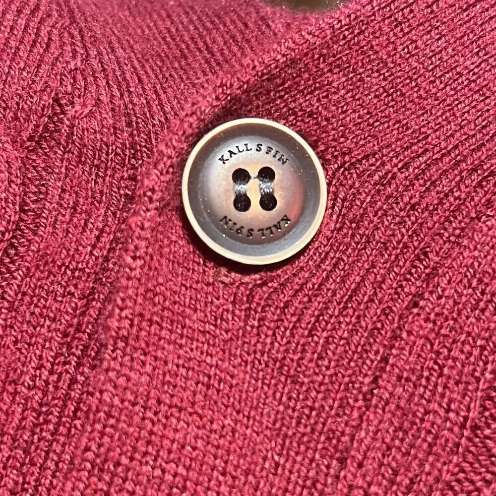 Kallspin Wool Blend Cable Knit Cardigan Sweater XL V-Neck Maroon Grandpa Preppy